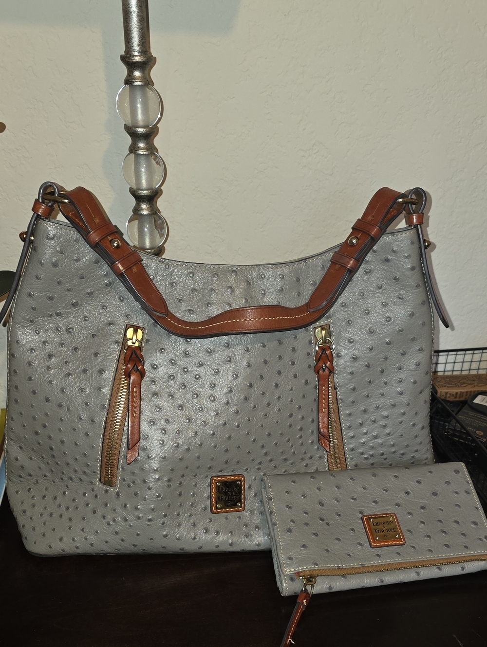 Dooney & Bourke Gray Faux-Ostrich Hobo with Brown Trim and Matching Wallet